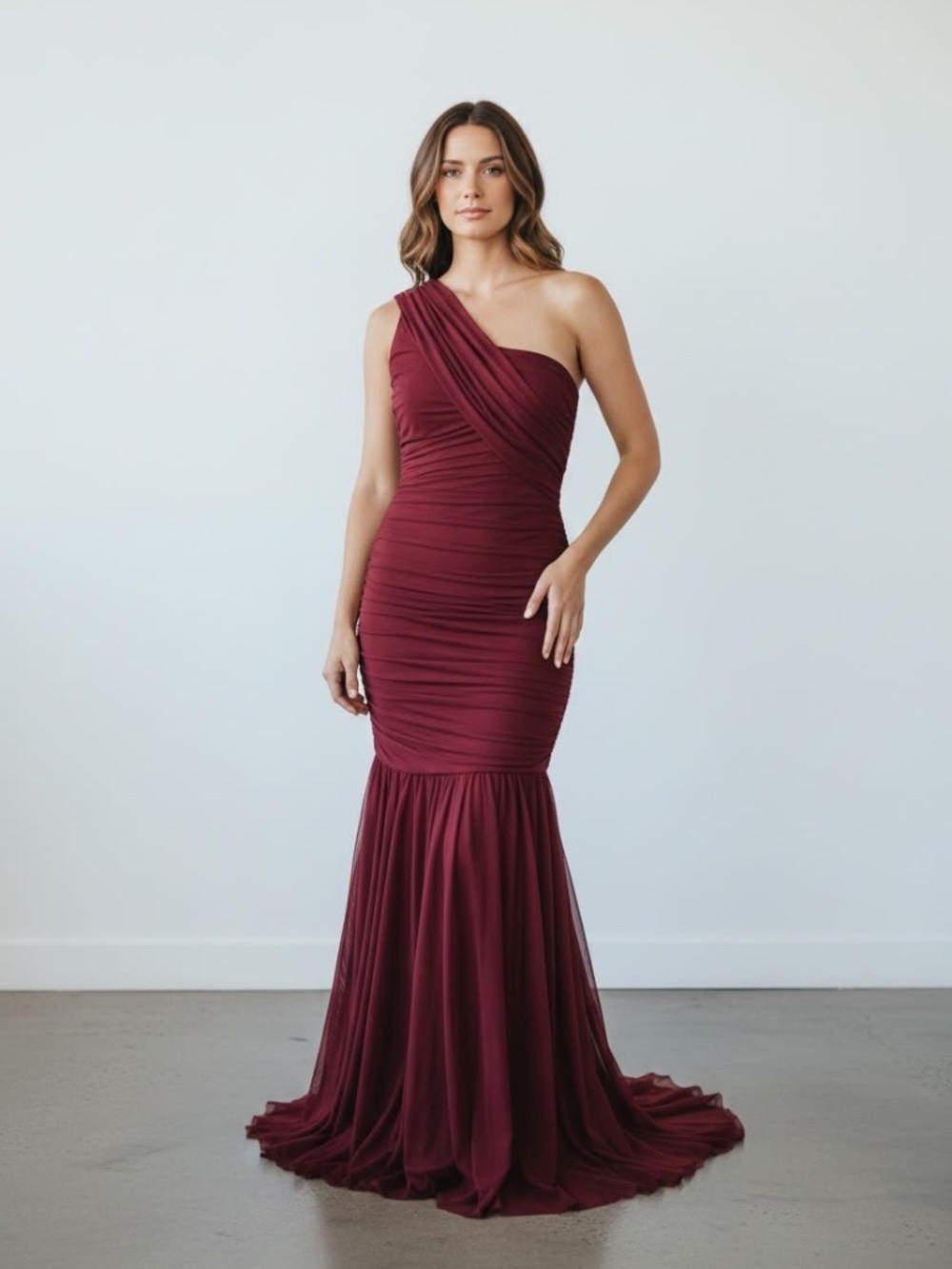 Burgundy One Shoulder Mermaid Gown